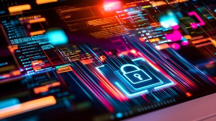 Obraz premium Close-up of Laptop Screen with Digital Lock Graphics