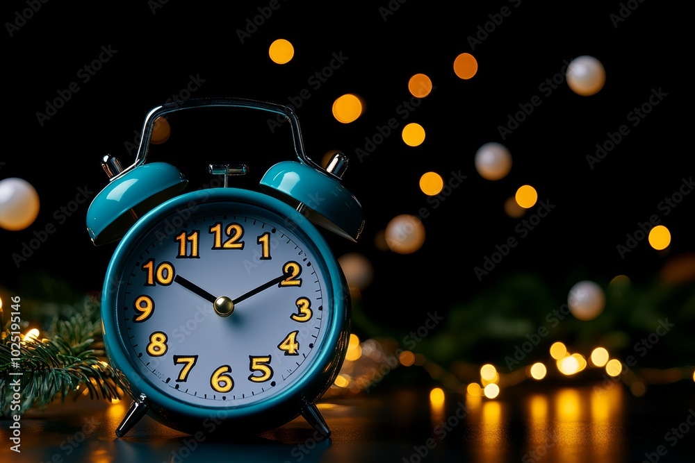 Poster magical clock that glows softly at 5 am, gently waking a person with floating light orbs and a peace