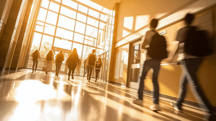 Group of students walking through a sunlit corridor with shadows stretching across the floor.