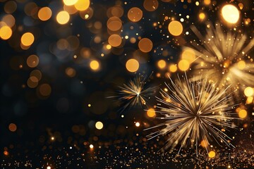 Fototapeta premium gold bokeh lights and fireworks banner on black background
