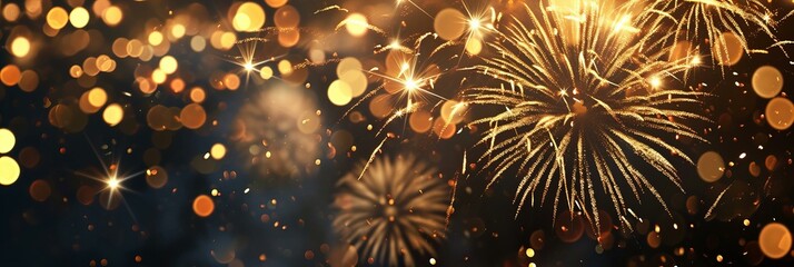 gold bokeh lights and fireworks banner on black background