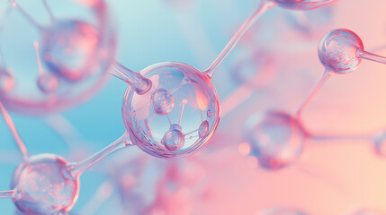 Abstract molecular structure with pink spheres connected by lines, symbolizing science and technology.