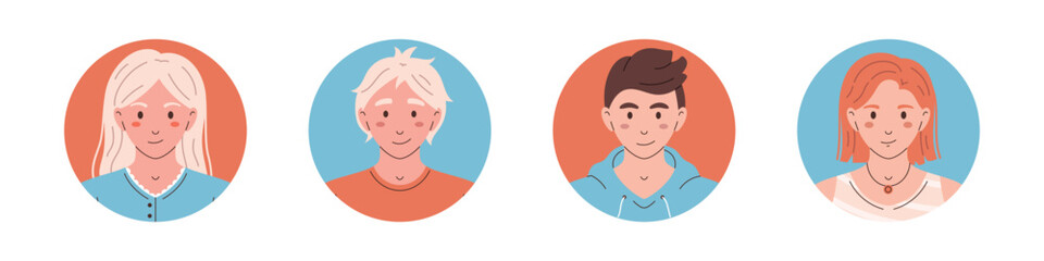 Vector set of people avatars in circles. Characters head portraits in flat design. Avatar Round Icon collection. Different smiling girls and boys.