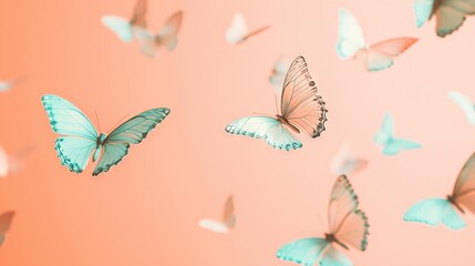   A blue and white butterfly swarm in flight against pink and orange backgrounds, offering space for text optimization