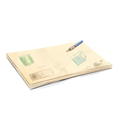 pencil laying on papers illustration isolated on white background