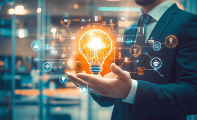 Hand holding a glowing lightbulb surrounded by interconnected lines, symbolizing innovation and creativity.