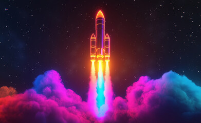 Rocket launching into space with vibrant clouds and colorful cosmic background.