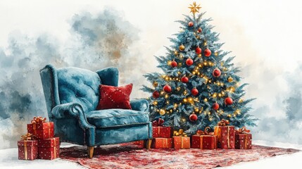 Charming Watercolor Christmas Tree with Colorful Ornaments and Lights for Festive Designs