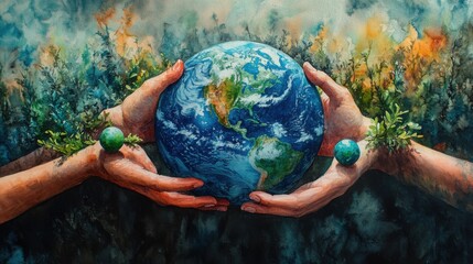 Watercolor Earth Day Celebration with Green Symbols and Eco-Friendly Themes