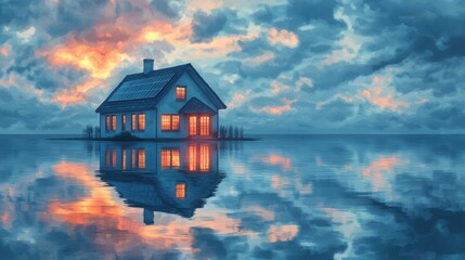 Fototapeta premium Watercolor Illustration of a Modern House with Solar Panels for Eco-Friendly Designs