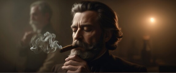Fototapeta premium man smoking a cigarette in front of a mirror