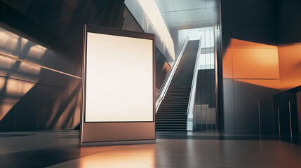 Fototapeta premium Blank advertising billboard in a modern indoor public space with natural light streaming through large windows.