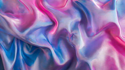 Fototapeta premium Flowing iridescent fabric in vibrant shades of blue, purple, and pink with a smooth and glossy texture.