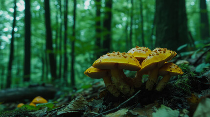 Fototapeta premium Brightly colored mushrooms thriving on the forest floor amid lush green vegetation in a serene woodland setting