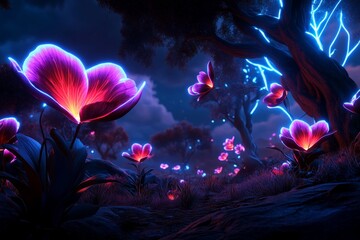 Obraz premium Magical forest where glowing flowers and trees create a luminescent landscape, blending fantasy with the beauty of nature