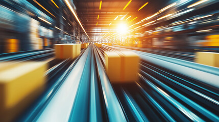 Blurred motion of packages moving rapidly on a conveyor belt in a high-speed logistics facility.
