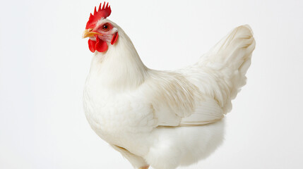 Side view of a white chicken with a red comb, standing against a white background.