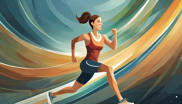 desenho de atleta correndo em fundo com ondas coloridas em movimento