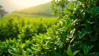 Fototapeta premium Green tea tree leaves field young tender bud herbal Green tea tree in camellia sinensis organic farm. Close up Fresh Tree tea plantations mountain green nature in herbal farm plant background mornin