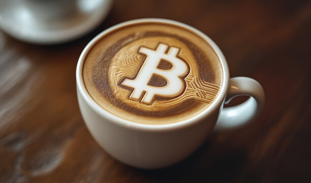 Cup of coffee with bitcoin symbol latte art on top. Generative AI