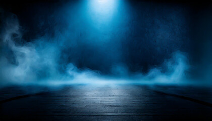 Mysterious blue fog envelops a dimly lit stage in an atmospheric setting during a nighttime performance
