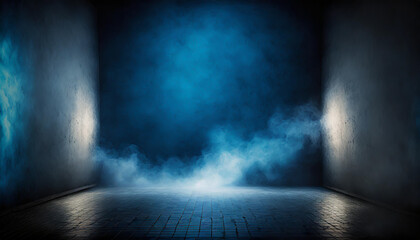 Mysterious blue fog fills a dimly lit corridor creating a serene atmosphere in an empty urban space at nighttime