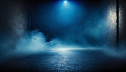 Mysterious blue-lit corridor enveloped in fog creating an eerie atmosphere at night