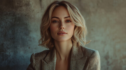 Fototapeta premium A woman with wavy blonde hair poses confidently against a textured wall in soft natural lighting, showcasing a stylish blazer