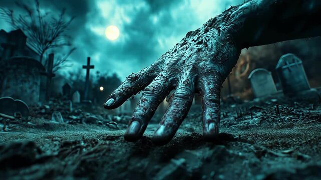 dead man's hand in an old abandoned cemetery, scary halloween background