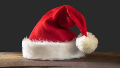 Red Christmas hat with white fur trim placed on rustic wooden table against a dark backdrop during the holiday season