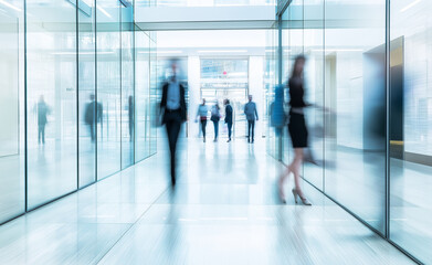 Motion blur of businesspeople walking through a modern office hallway with glass walls.