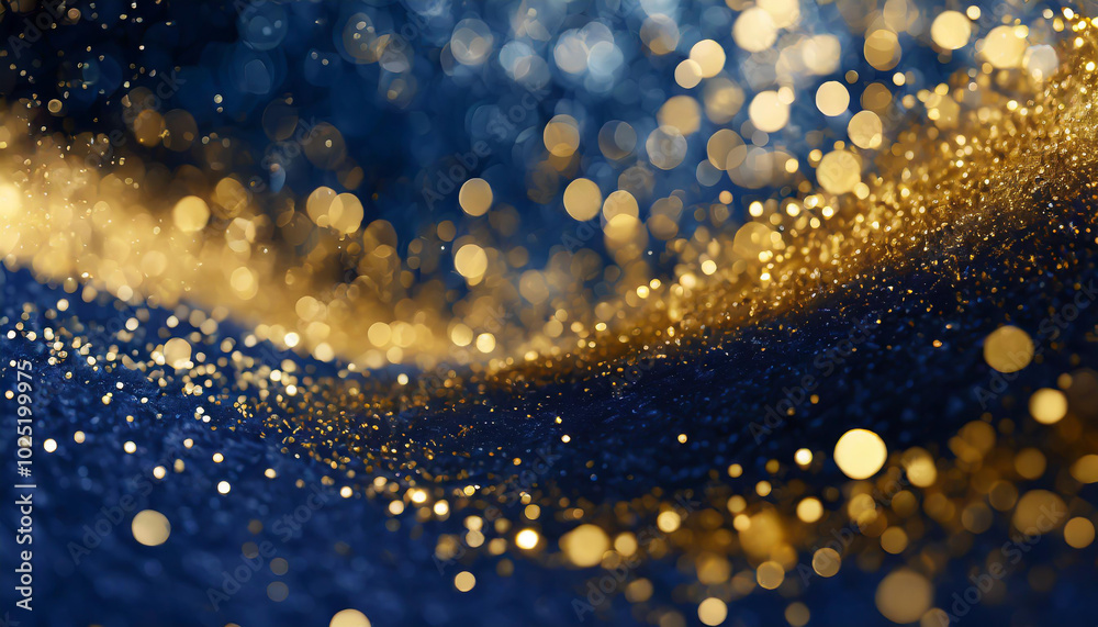Poster abstract shimmering golden particles against a deep blue backdrop creating a captivating visual effe