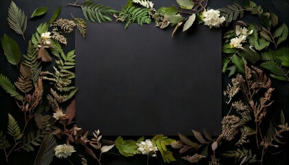 espa&ccedil;o retangular papel preto modelo cercado de folhas e flores coloridas, tons esverdeados