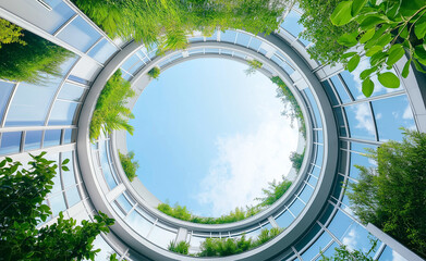 Circular green atrium with plants and trees growing around modern buildings, looking up at the sky. - Powered by Adobe