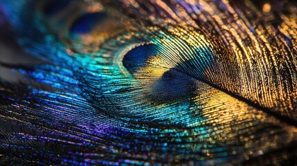 Fototapeta premium A close-up view of a peacock's feathers reveals multicolored feathers in shades of blue, yellow, and green