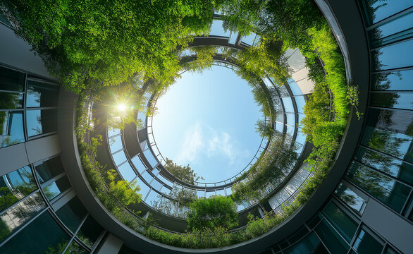 Circular green atrium with plants and trees growing around modern buildings, looking up at the sky.