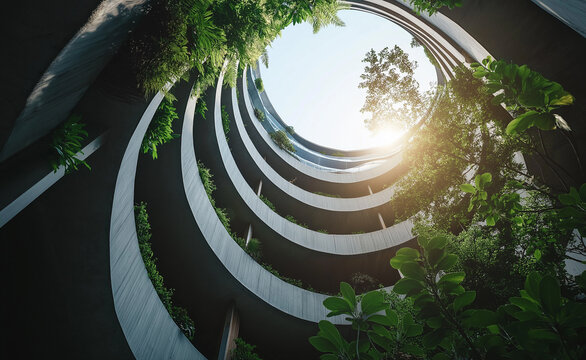 Circular green atrium with plants and trees growing around modern buildings, looking up at the sky.
