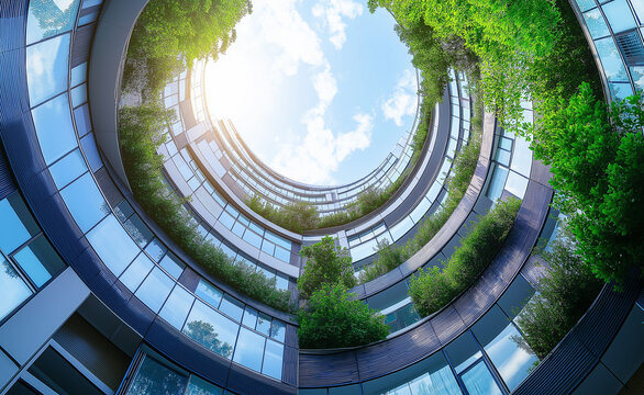 Circular green atrium with plants and trees growing around modern buildings, looking up at the sky.