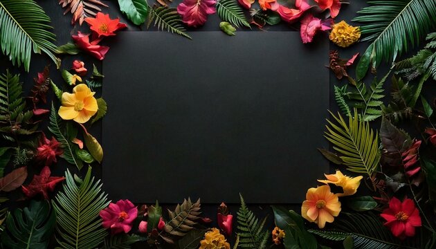 espa&ccedil;o retangular papel preto modelo cercado de folhas e flores coloridas, cores vivas