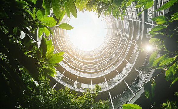 Circular green atrium with plants and trees growing around modern buildings, looking up at the sky.