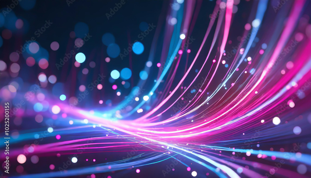 Poster abstract colorful light trails and sparkles creating a vibrant flowing pattern on a dark background