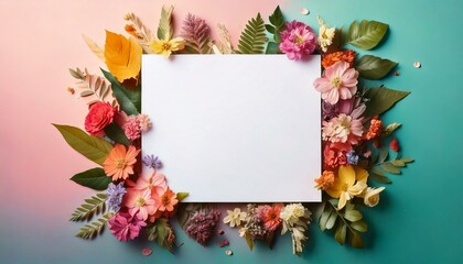 espaço retangular branco modelo cercado de folhas e flores coloridas, tons pasteis