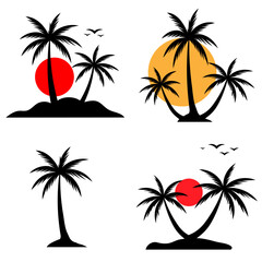 Fototapeta premium set of trees, Palm Tree Silhouette with birds and sunset