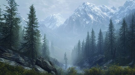 Obraz premium A photo of a mountain range with trees in the foreground and a hazy sky in the background