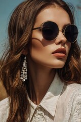 Fototapeta premium Sophisticated young woman with sunglasses in airy, relaxed outdoor portrait.