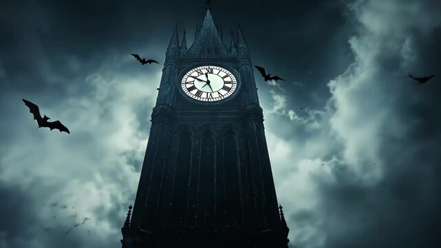 halloween night scene, gothic clock tower at night and bats