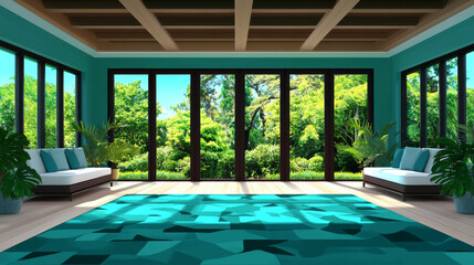 A modern living room with a turquoise and teal color scheme features large windows overlooking a lush green garden.