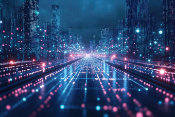 Fototapeta premium Futuristic City Lights and Data Pathway at Night 