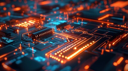 Fototapeta premium Illuminated Circuit Board with Orange and Blue Lights