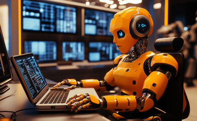 Orange robot working on a laptop in a futuristic, tech-filled workspace.
